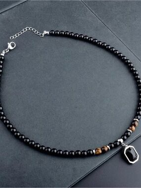 Beaded Black Necklace with Faceted Black Stone Pendant